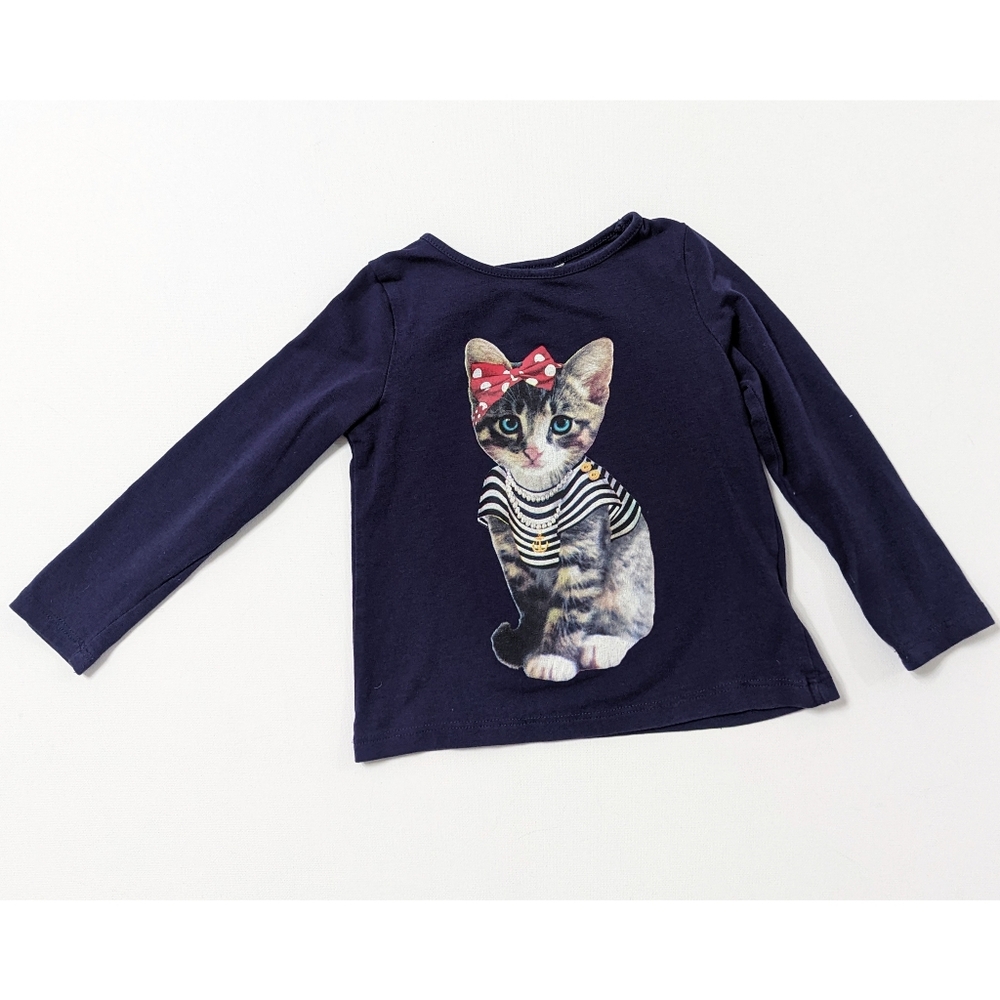 H&M Navy Long Sleeve Shirt with Cat Print Girl's Size 1.5/2 Years